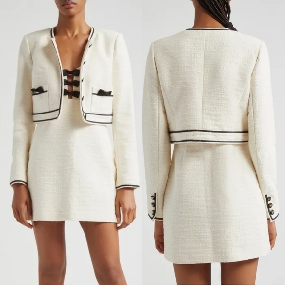 LoveShackFancy Adelaide Tweed And Bow Mini Dress In Cream And Black Sz 6 - Picture 4 of 13